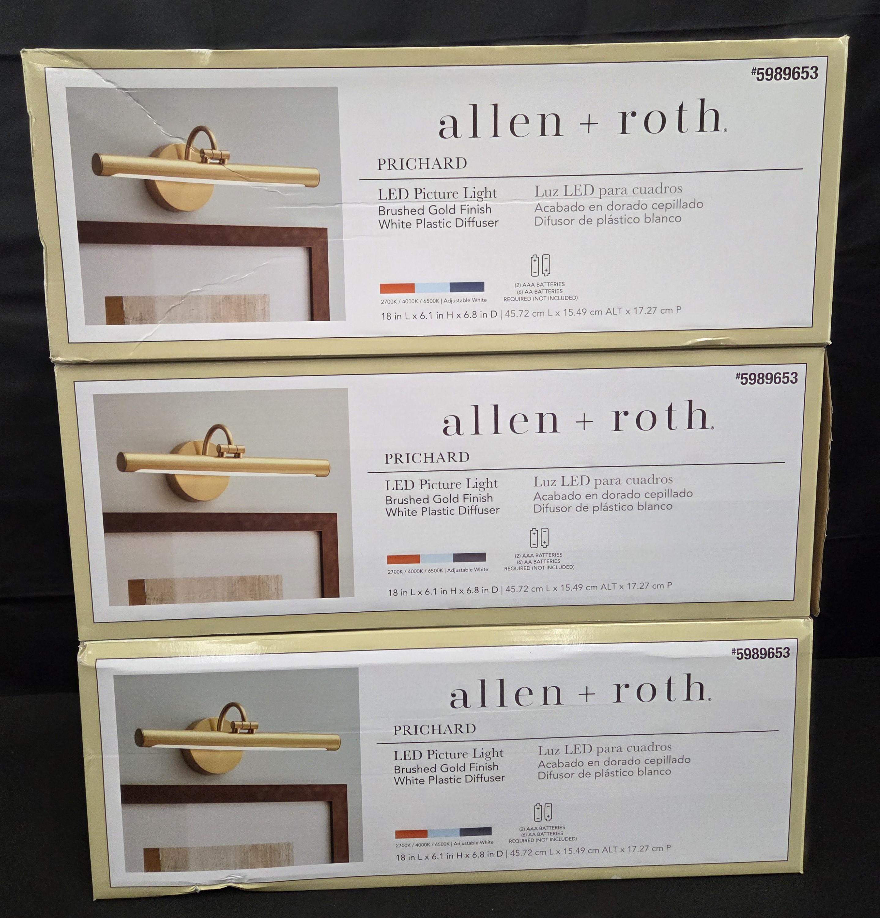 Lot fo 3 Allen + Roth Prichard Brushed Gold LED Battery Picture Light Brand New