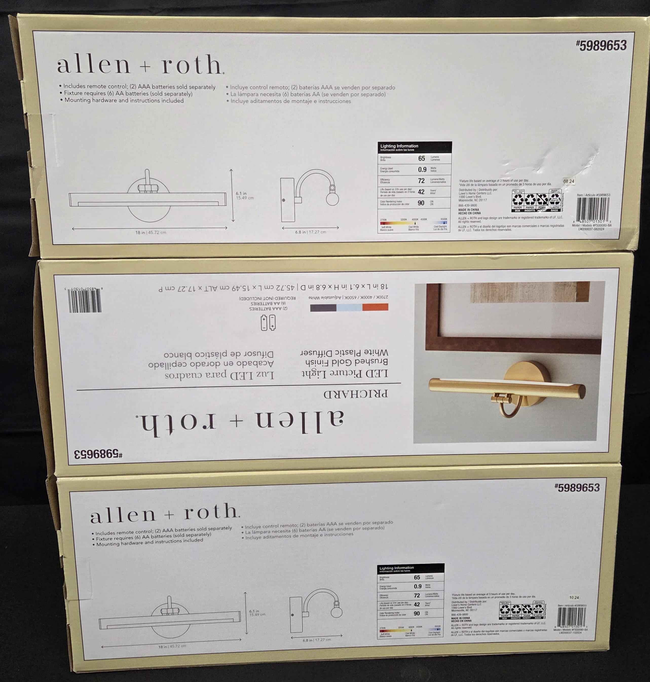 Lot fo 3 Allen + Roth Prichard Brushed Gold LED Battery Picture Light Brand New