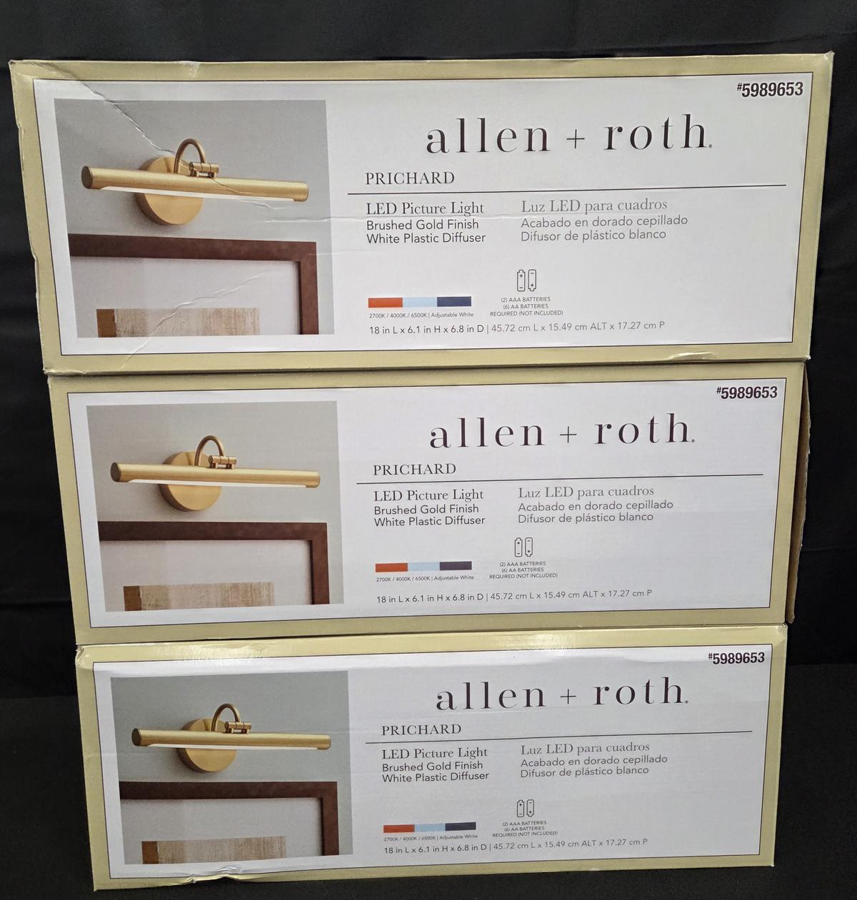 Lot fo 3 Allen + Roth Prichard Brushed Gold LED Battery Picture Light Brand New