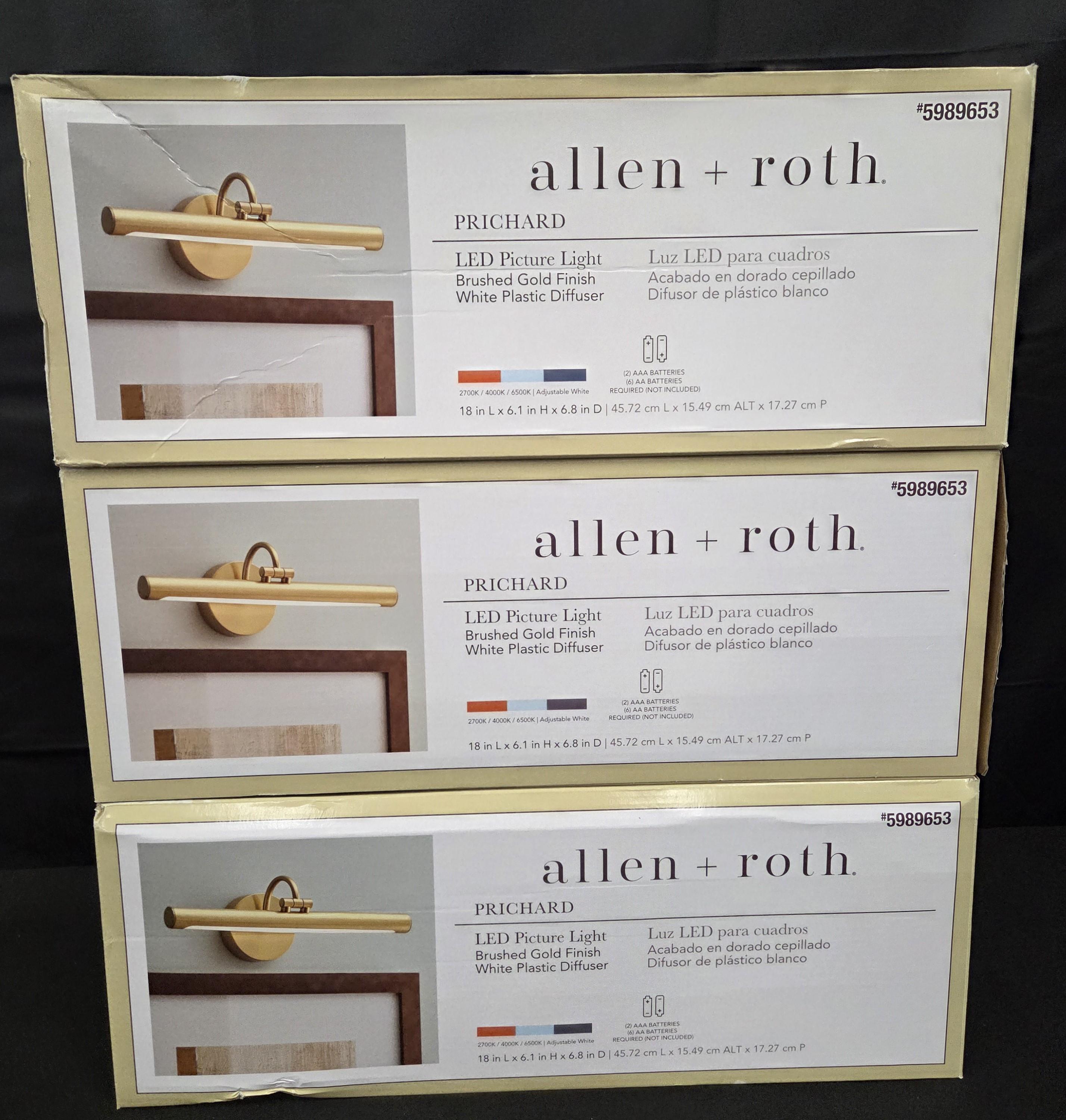 Lot fo 3 Allen + Roth Prichard Brushed Gold LED Battery Picture Light Brand New