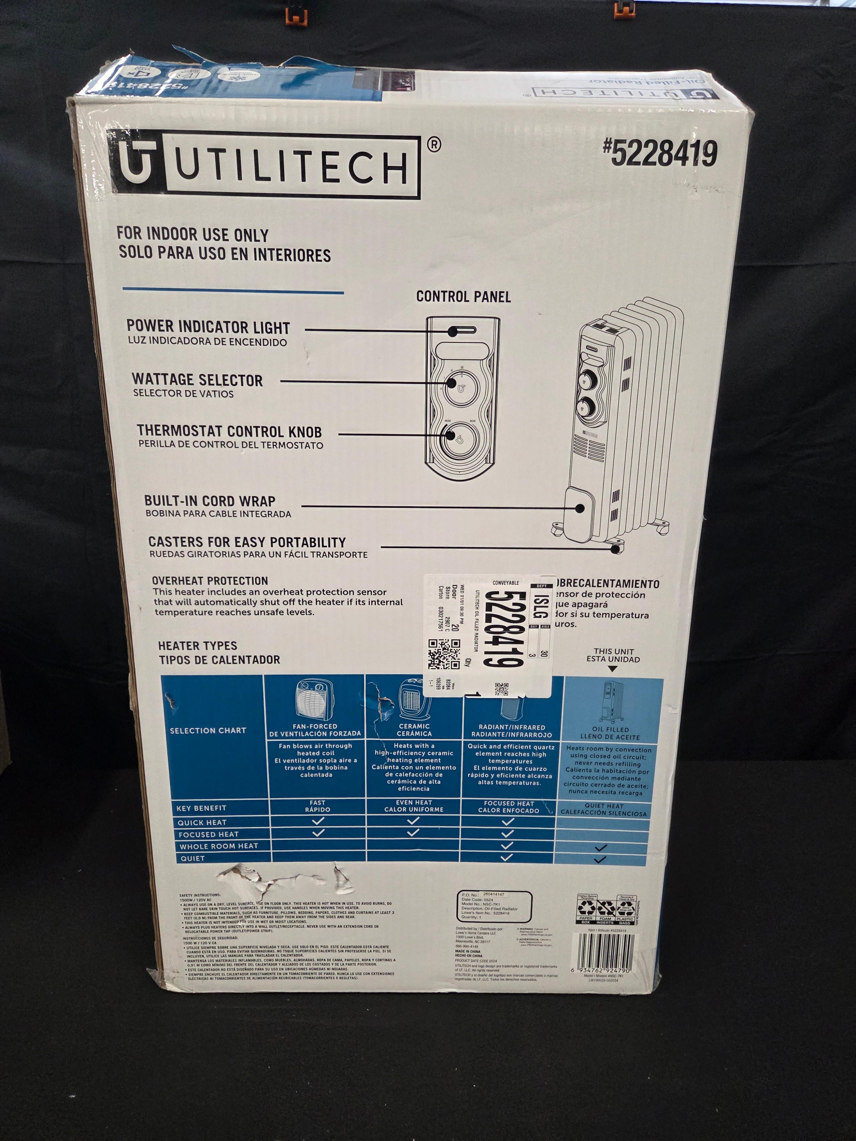 Utilitech Up to 1500-Watt Oil-filled Radiant Utility Indoor Electric Space Heater with Thermostat