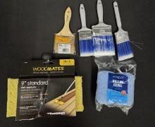 Lot of paint supplies, rollers, stain applicator, brushes