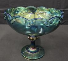 Vintage Indiana Glass Carnival Glass Scallop Blue Iridescent Compote Fruit Bowl