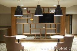 Lot of Lounge Area Light Fixtures, Round Tables, Chairs and cabinets