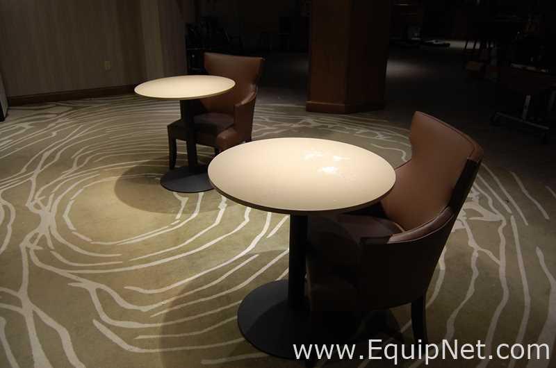 Lot of Lounge Area Light Fixtures, Round Tables, Chairs and cabinets