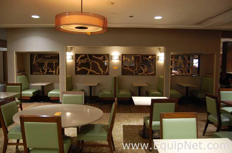 Lot of Four Tables, Eight Benches and Three Light Fixtures