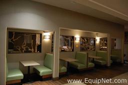 Lot of Four Tables, Eight Benches and Three Light Fixtures