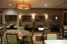 Lot of Four Tables, Eight Benches and Three Light Fixtures