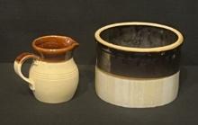 Stoneware Unmarked 2-Tone Brown & Cream Pitcher & Large 2-Tone Brown & Zinc Glazed Butter Crock