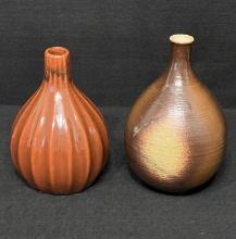 Rust Ribbed Pottery Bulb Vase and Hand Thrown Brown Ceramic Vase