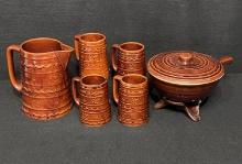 Marcrest Brown Stoneware Pot with Lid and Warmer, Large Pitcher & 4 Mugs
