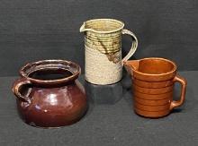 Brown Stoneware Bean Pot, Textured Handled Pottery Pitcher & USA Brown Mom Pitcher