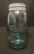 1900-1910 Ball 3-L Logo Turquoise/Aqua Quart Mason Jar with Zinc and Milk Glass Lid