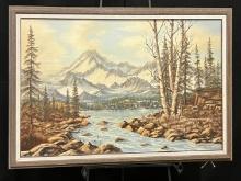 Vintage Oil Painting of Snow Capped Mountains Scene