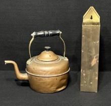 Copper Tea Kettle and Bronze Fireplace Match Holder