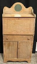 Country Style Oak Secretary with Round Beveled Mirror, Dropfront Desk, Drawer & 2 Door Cupboard