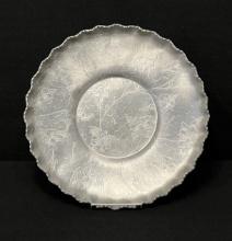 Vintage Floral Pattern Aluminum Tray with Scalloped Edge & Recessed Center