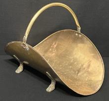 Vintage Brass Clawfoot Fireplace Log Holder with Moveable Handle