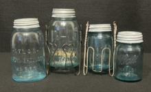 Assorted Group of 4 Turquoise/Aqua Mason Jars w/Lids and 2 Wire Jar Lifters