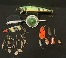 J. C. Higgings Fly Reel and Assorted Hooks, Lures and Spinners