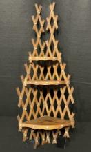 Tramp Art 3 Shelf Corner Wall Mount Etagere with Porcelain Heads