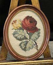 Vintage Framed Oval Needlepoint with Pair of Bright Colored Flowers