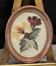 Vintage Framed Oval Needlepoint with Pair of Bright Colored Flowers