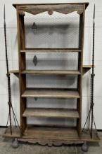 Rustic Barnwood Bookshelf with Lightning Rods, Galvanized Tin Wheels & Chicken Wire Backing