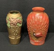 Goofus Glass Art Nouveau Red Flowers & Green Leaves on Gold Trees Vase & Goofus Glass Peacock Vase