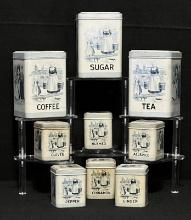 9 Piece J. L. Clark MFG Co, Rockford, IL Dutch Kitchen Tin Canister Set with Hinged Lids