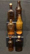 Assorted Group of 6 Vintage and Antique Amber Glass Bottles