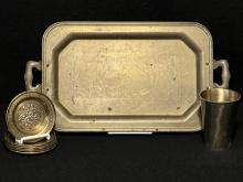 Brass Handled Tray, Brass Drinking Cup, and Set of 6 Brass Coasters