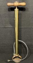 Brass Tire Pump with Wood Handle and Cast Iron Base