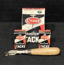 Vintage Box of Black Upholstery Tacks, Empty Cross Sterlized Tack Boxes & Antique Nail Tack Puller