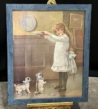 Vintage Painted Blue Framed Print of Young Girl Feeding a Pair of Pug Dogs