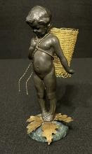 Vintage Petites Chases Cast Metal Child Brass Basket, Bronze Leaves, Marble Base