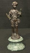 Vintage Bronze Boy with Fishing Pole, Creel on Marble Base