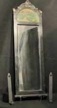 Dark Wood Framed Mirror and Pair of Wooden Primitive Candleholders