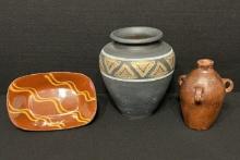 Antique Redware 3-Handle Jug, Vintage Clay Pottery Dish & Black Painted Clay Pottery Vase