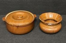 Brown Stoneware Bean Pot with Lid and Old Spitoon