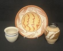 Jamestown Pottery Crock, Prairie School Circle Pottery Bowl and Pottery Vase