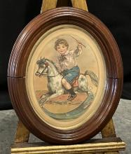 Walnut Oval Tiered Frame with Child on Rocking Horse