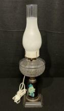 Old Kerosene Electrified Lamp with Cast Base and Frosted Chimney