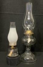 Antique/Vintage Glass Oil Lamps with Brass Wick Mantles and Glass Chimneys
