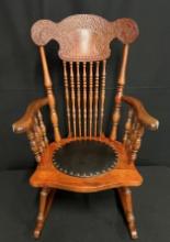 Vintage Pressback Cherry-Stained Wooden Rocker with Leather Seat