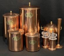 Copper Canisters, Potpourri Can, Salt Shaker, Pepper Mill, and Bud Vase