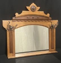 Wall Mounted Walnut/Oak Hall Mirror with Decorative Hooks