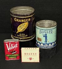 Vintage Granger Tobacco Tin, Bugler Tobacco Tin, Velvet Tobacco Tin & Regent Cigarettes Box