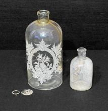 Apothecary Pair Medicine Bottles: Antique Clyco-Thymoline & Vintage Etched Glass Apothecary Bottle