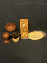 Antique Copper & Bronze Creamer, Handmade Walnut Goblet & Bowl, and Wooden Cutzie Promotion Plaques
